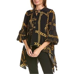Gracia Black Gold Chain Print 3/4 Bell Sleeve Asymmetrical Tie Neck Top M NWT